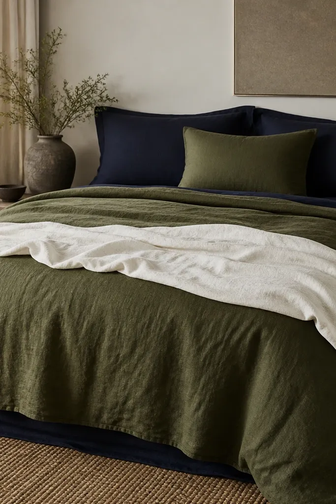 A bed styled with an olive green duvet, navy sheet peeking at the edges, and a white linen throw draped across the top, with two navy pillows and one olive accent.