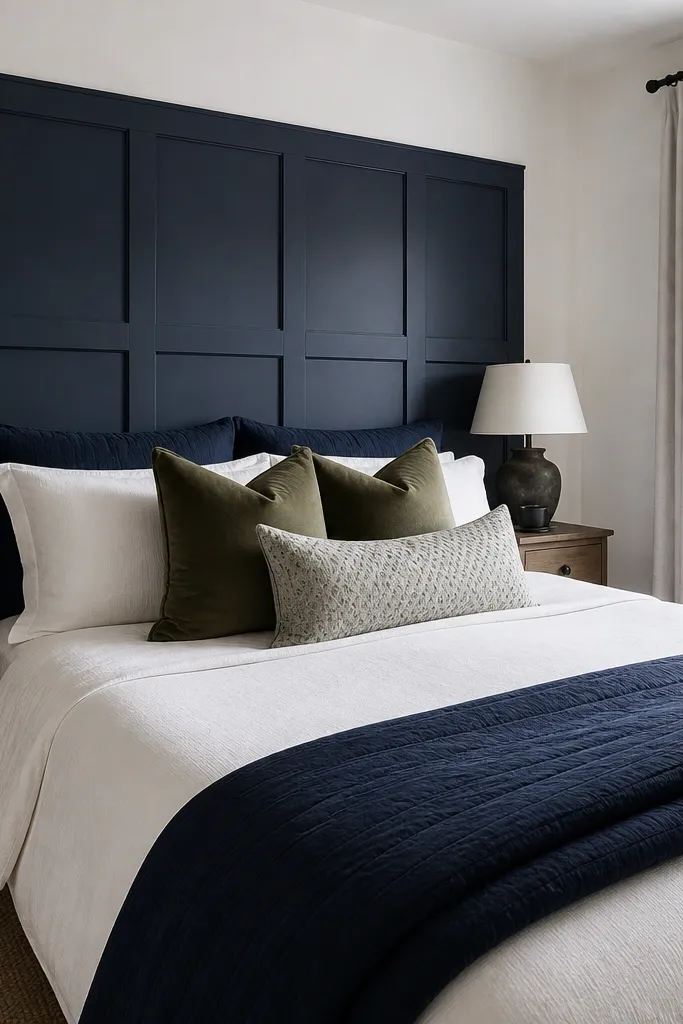 A small bedroom with white walls, a navy paneled wall behind the bed (wainscoting-style rectangles), and a green throw pillow arrangement on white and navy bedding.