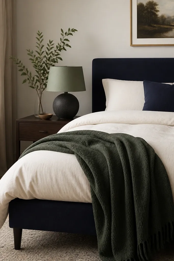 A compact bedroom with a navy upholstered bed frame, a light cream duvet, and a deep evergreen throw blanket draped over the side, with a single navy pillow and a sage bedside lamp shade.