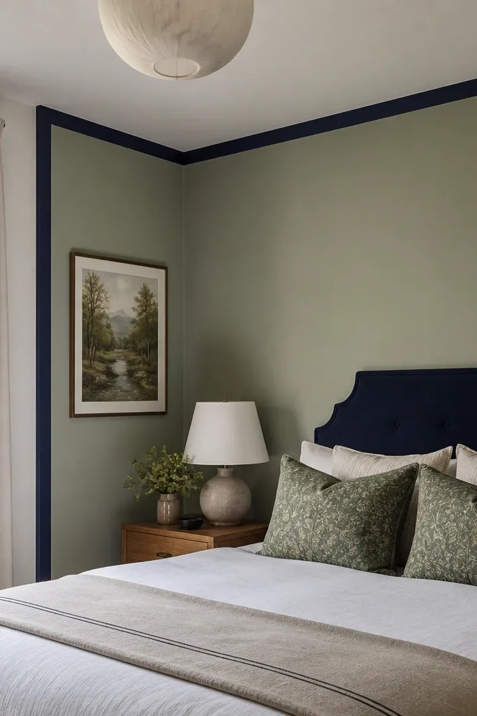 A small bedroom with sage paint on one corner wall, navy painted trim lines around it, and a navy headboard with green patterned pillows.