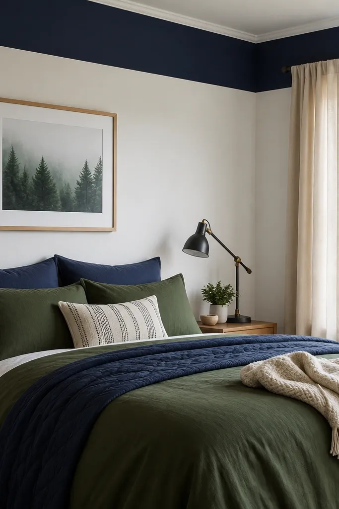 The top edge of the room shows a navy wallpaper stripe just under the ceiling, with a bed below in green and navy bedding and white walls below the stripe.