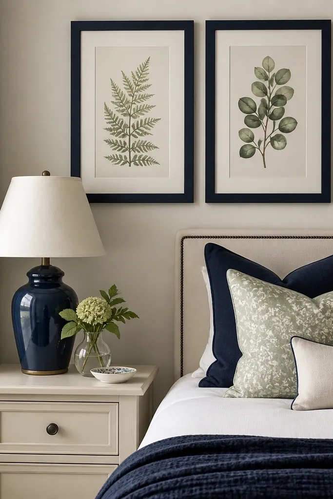 A small bedroom wall with navy frames holding botanical prints in sage and evergreen tones, above a cream nightstand with a navy lamp base.