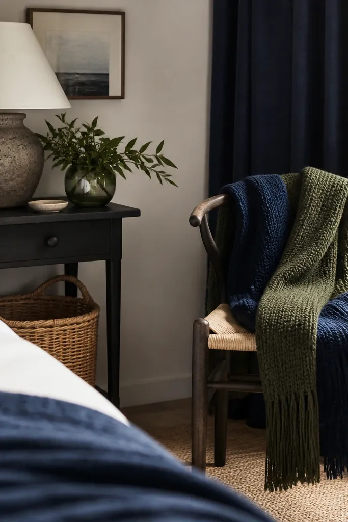 A bedroom corner with a navy and green knit throw on a chair, a woven basket under a small side table, and a navy curtain panel behind.
