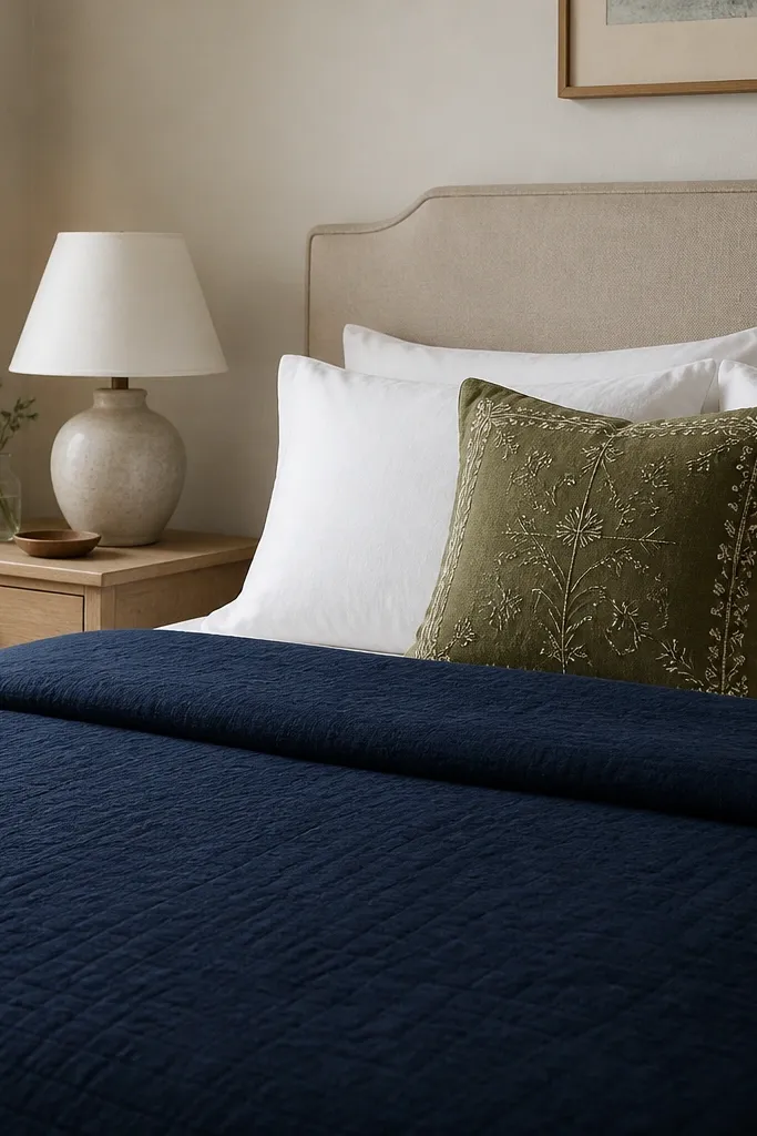 A bed with a solid navy quilt, white pillows, and one green embroidered accent pillow with visible stitching texture; a small table lamp sits on a light wood nightstand.
