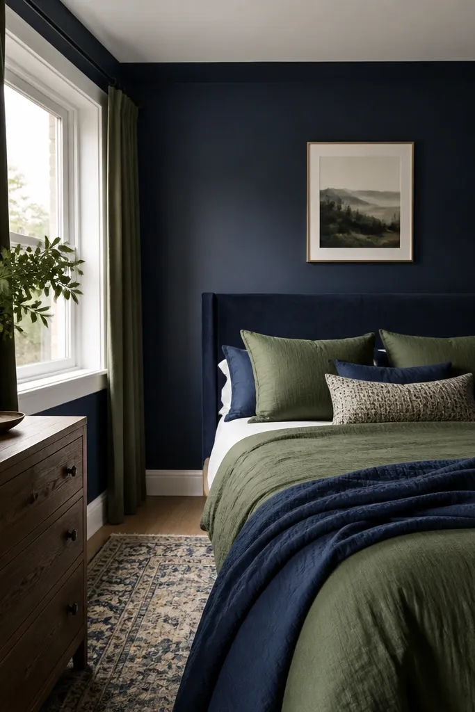 Small Space Navy Blue and Green Bedroom Ideas