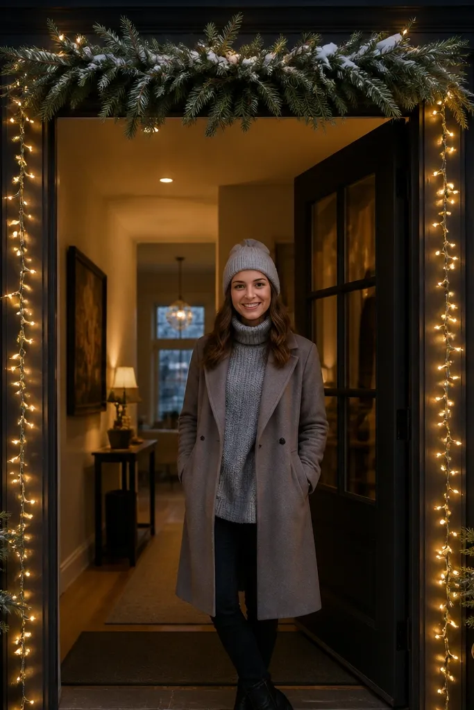 Warm white lights wrapped around a door frame with a narrow evergreen swag