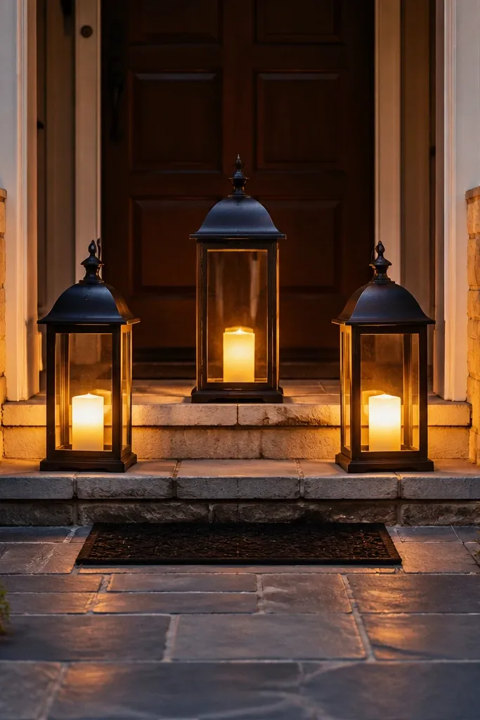 Three stacked lanterns with warm LED candles on a small front step landing