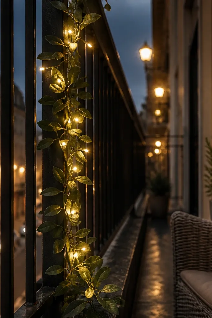 Green garland draped down a railing with tiny warm white lights along it