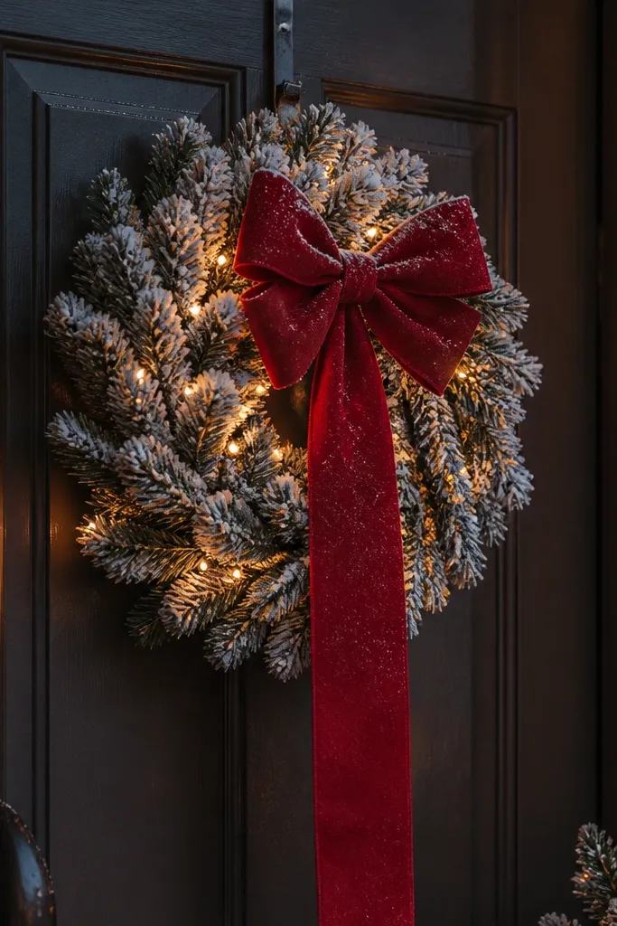 Frosted wreath on a small door with warm white lights and one long ribbon tail