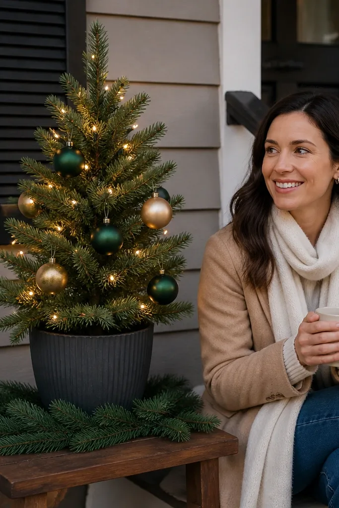 Small outdoor mini Christmas tree in a dark pot with warm string lights