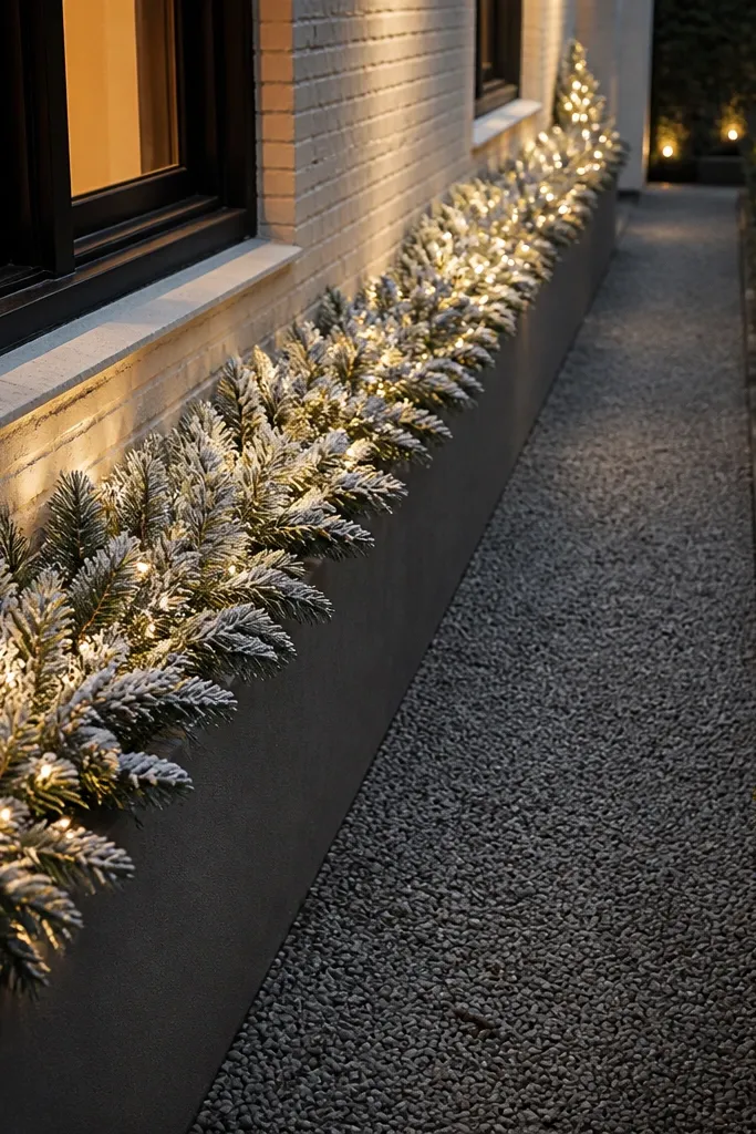 Light frosted garland draped along a narrow walkway planter edge with tiny lights