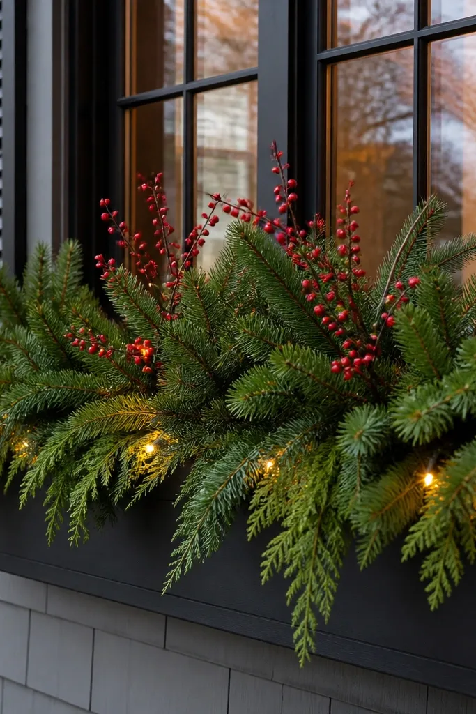 Outdoor window box filled with evergreen and berry picks with warm white mini lights