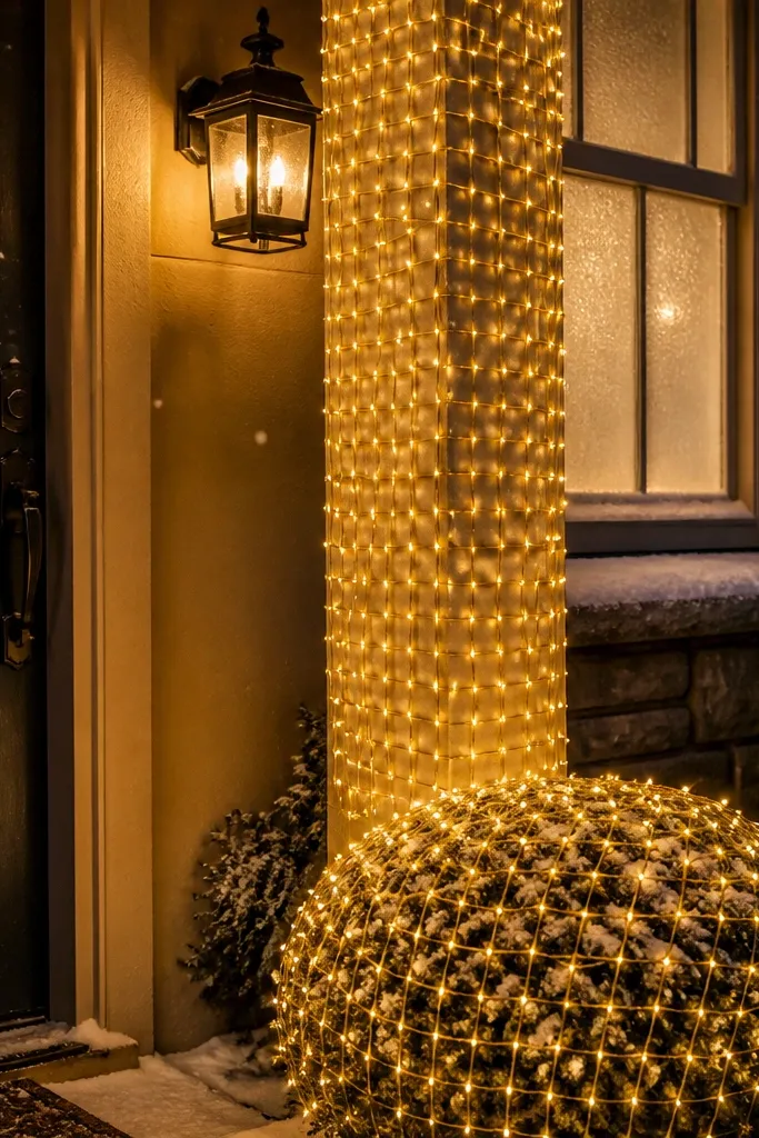 Warm white light net draped over a porch column or small shrub