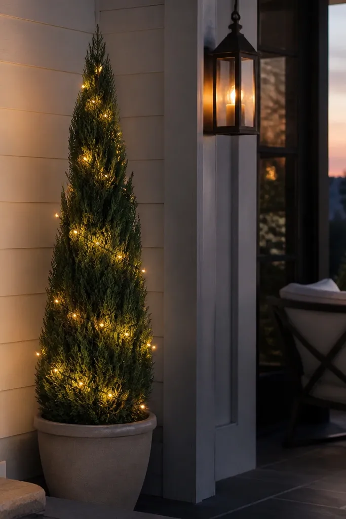 Tall cone-shaped faux tree in a corner with warm white string lights