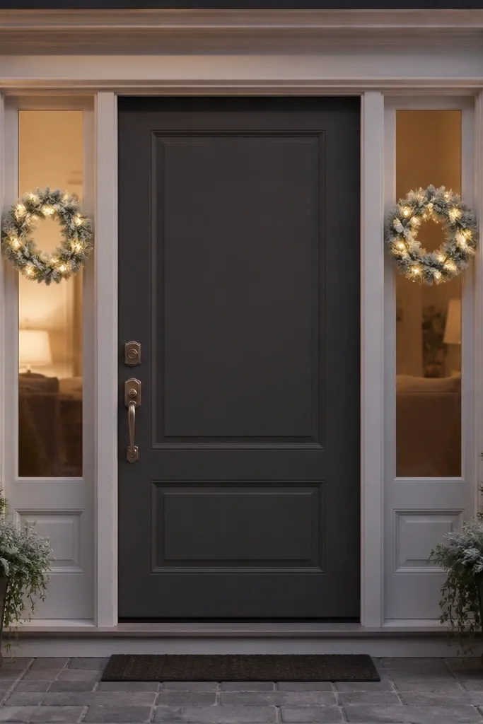 Two small wreaths on narrow side panels with warm lights and pine accents