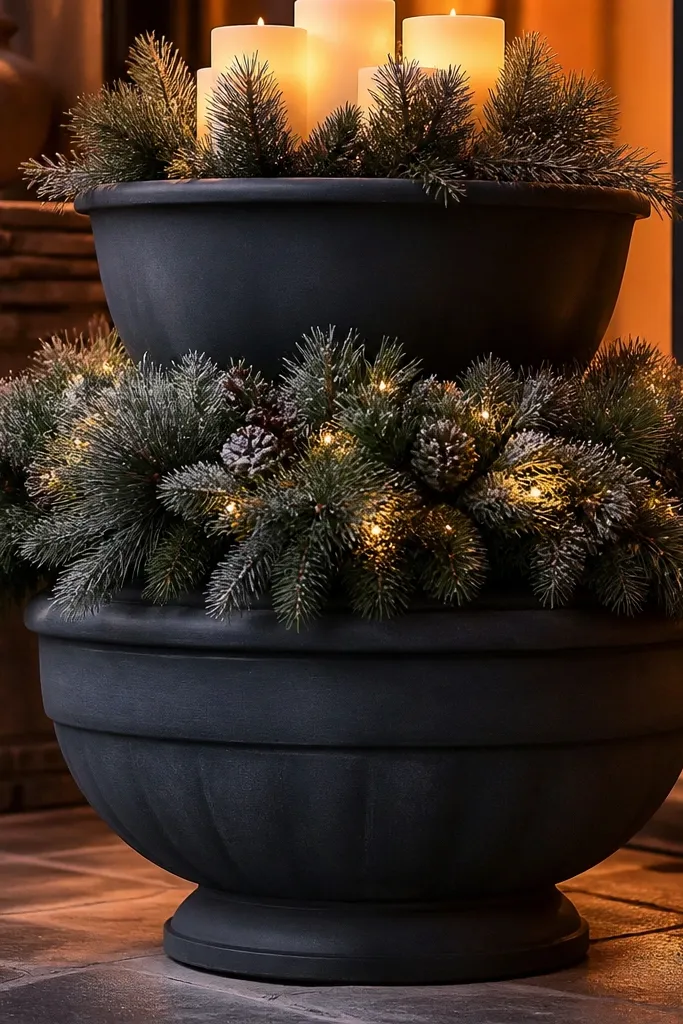 Stacked planter bases with faux garland rings and warm LED candles
