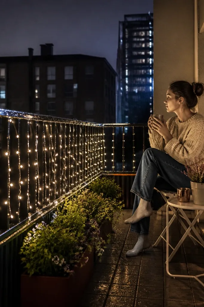 Curtain string lights hanging from a small balcony railing with warm bulbs