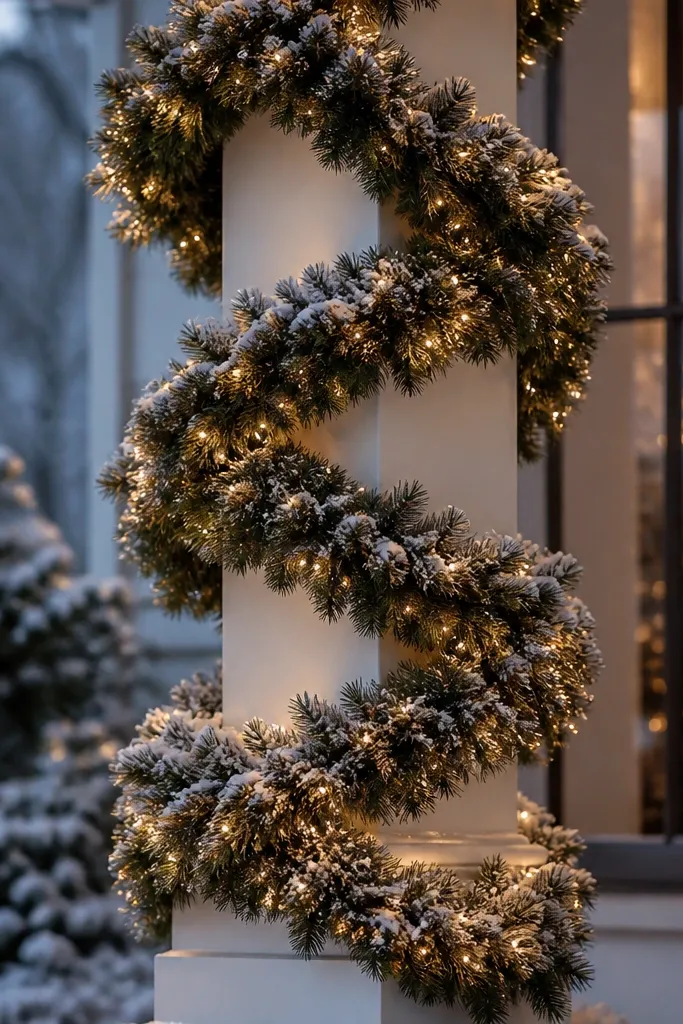 Snow-dusted wreath garland wrapped around a small porch column with warm lights