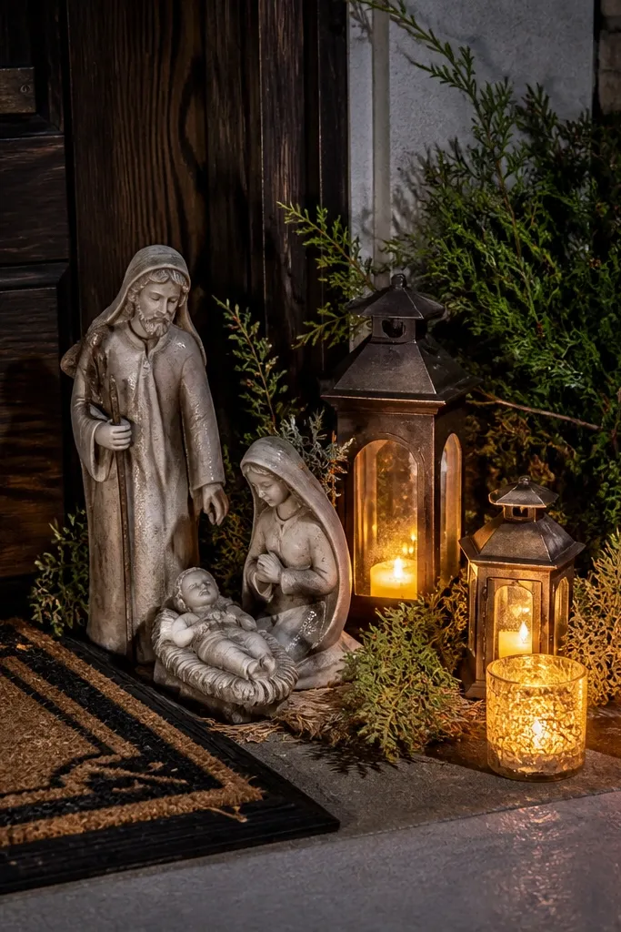 Small nativity-style lantern scene with figures and warm LED candles at a door base