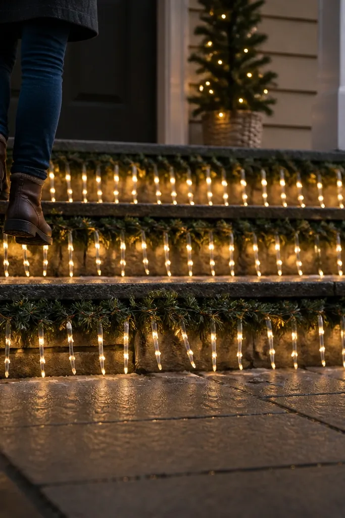 Battery icicle lights drape down porch steps with a pine-spray border