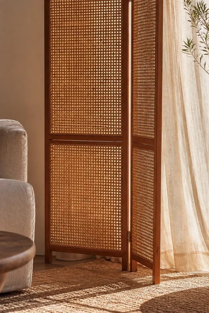 Light rattan folding screen with a white sheer curtain panel behind it