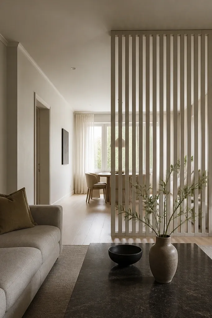 White-painted slatted wood divider with vertical lines between living and dining
