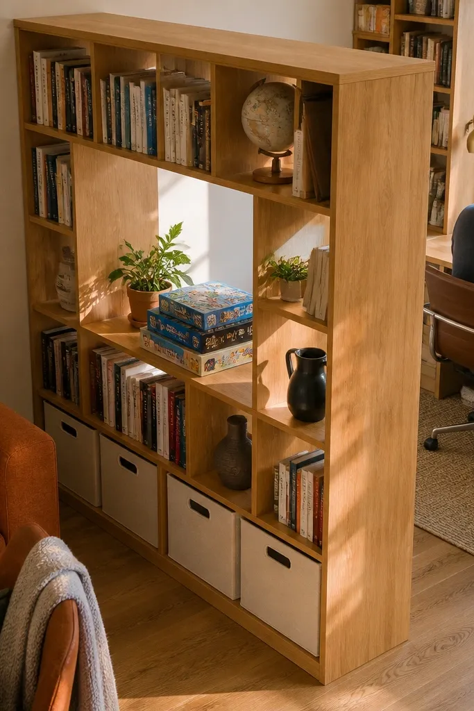 Light wood bookcase divider with open shelves separating a desk corner