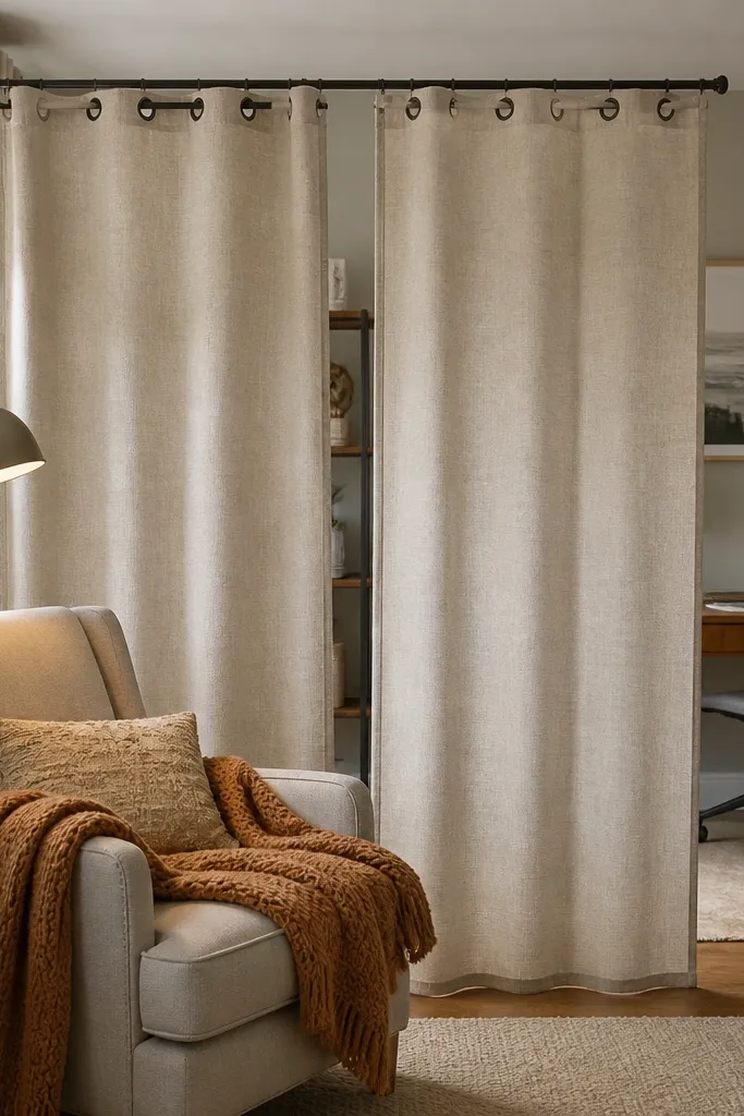 Neutral fabric divider panels hanging from a ceiling track with straight edges