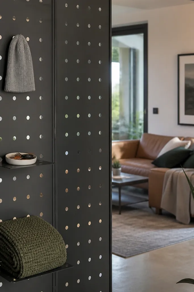 Matte black pegboard divider with small ledge shelves and hanging hooks