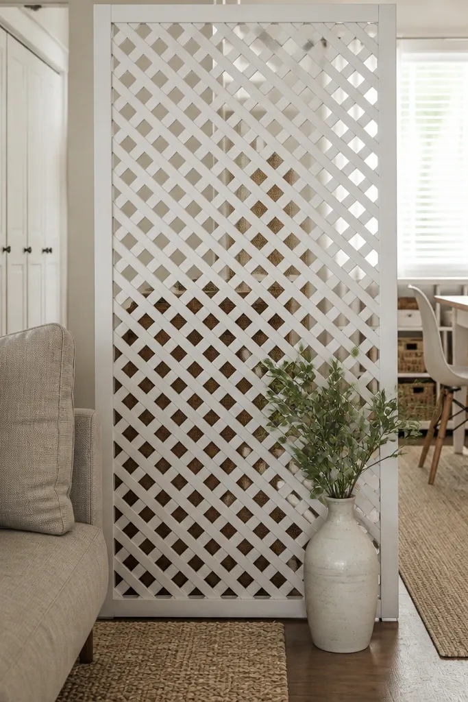 Matte white lattice panel divider leaning between sofa and dining area