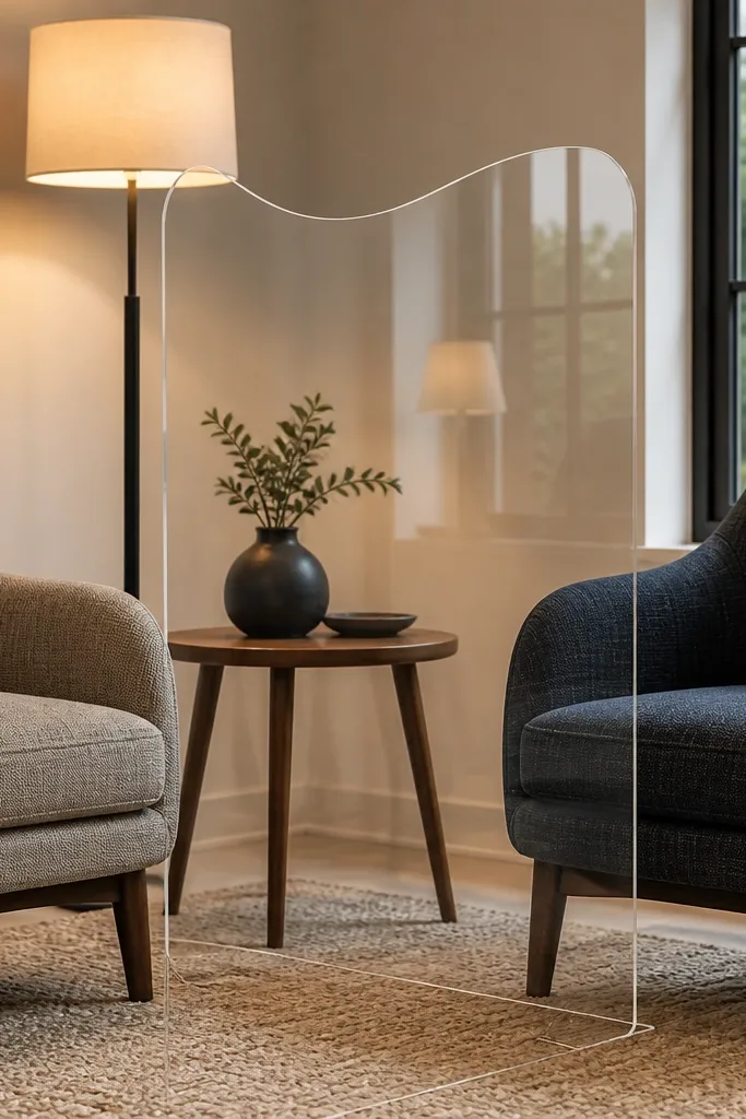 Clear acrylic room divider with rounded edges separating a lounge area