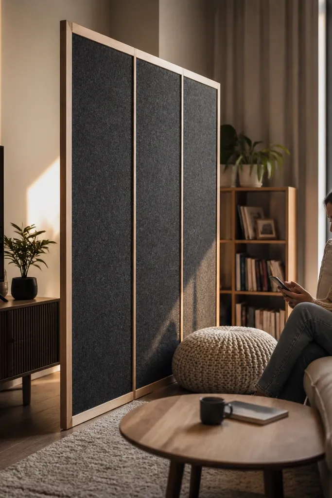 Charcoal felt divider panels in a light wood frame with straight edges