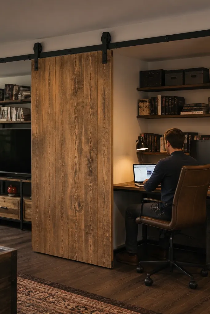 Sliding wood divider door on a ceiling track with a gap on the floor