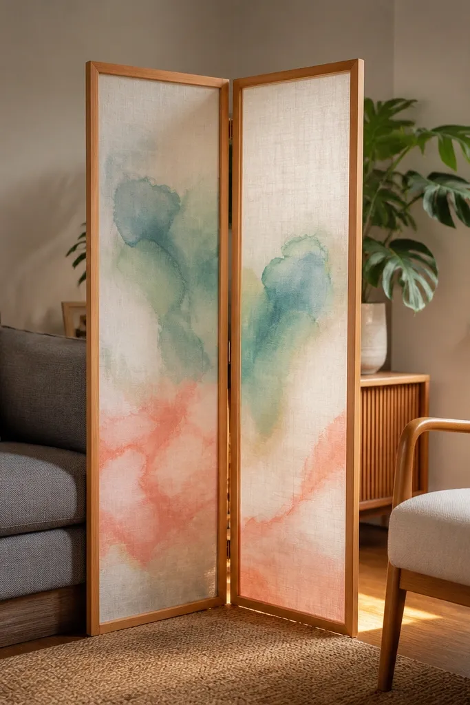 Two-panel fabric screen with soft watercolor-like gradient tones