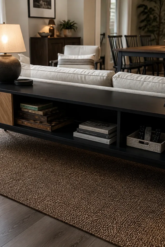 Low media console divider with open center shelf between seating areas