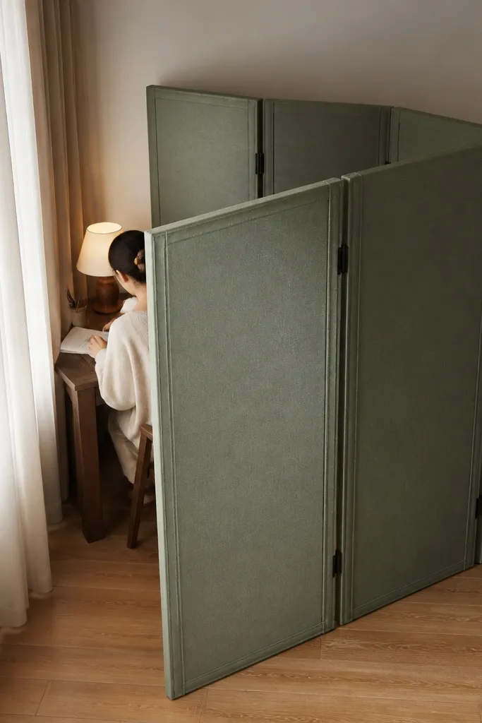 Folding privacy screen angled in a corner with neutral fabric panels