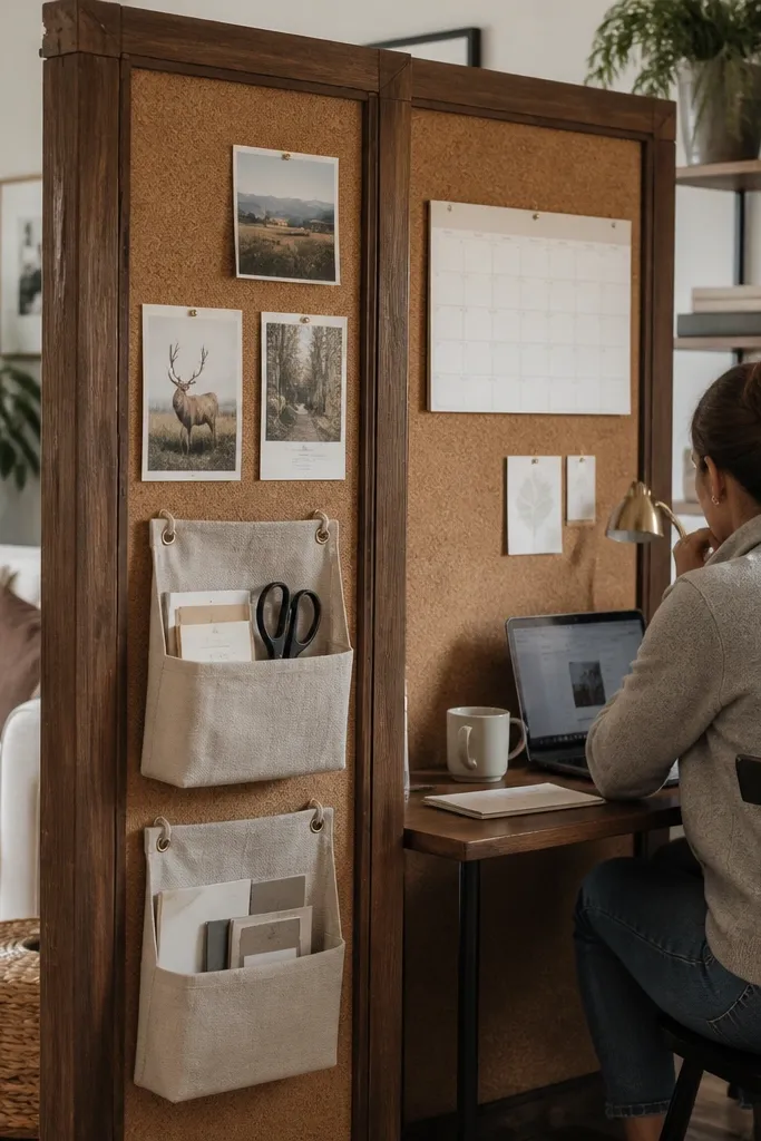 Framed corkboard divider with hanging organizers and notes near a desk
