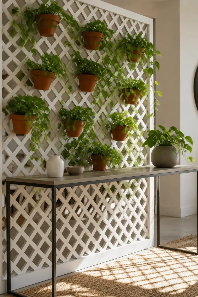 Wood trellis divider with small planters attached separating a seating area