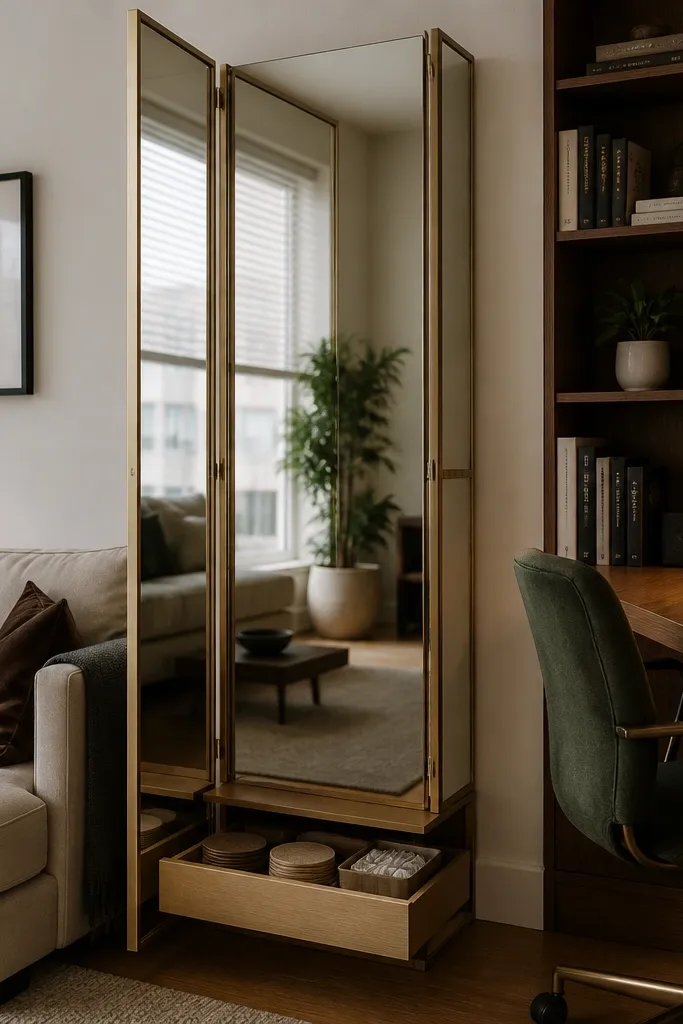Tall mirror panel with a slim hidden shelf below used as a divider