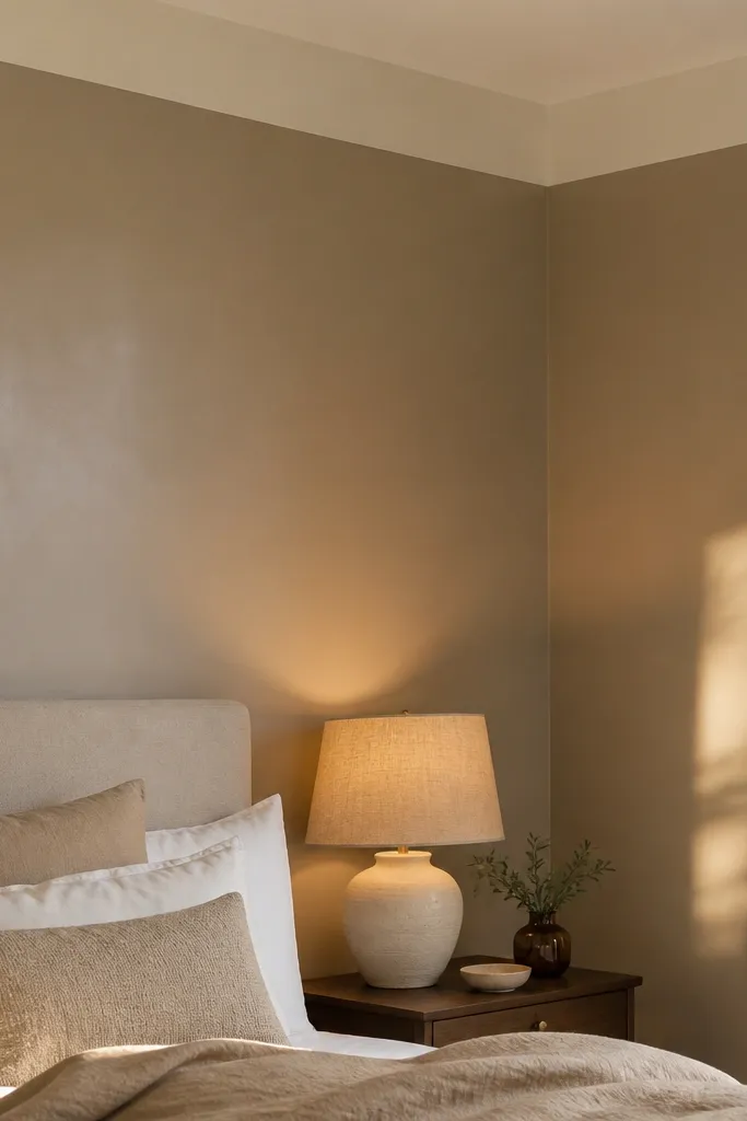 Warm greige satin wall behind a bed with a thin cream band near the ceiling
