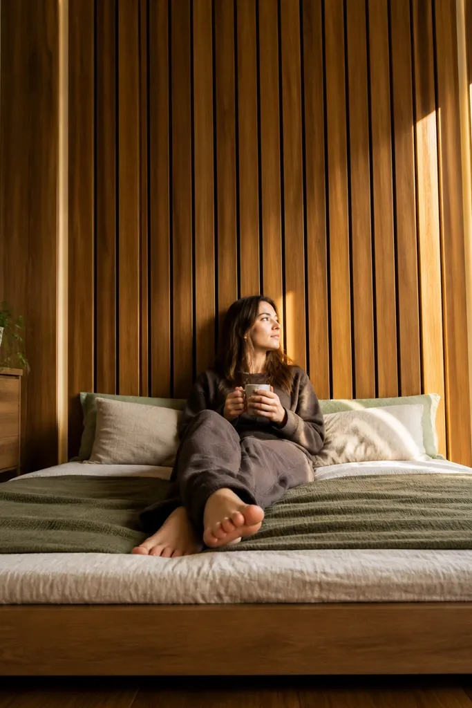 Light wood vertical slat wall behind a bed with matching warm furniture tones