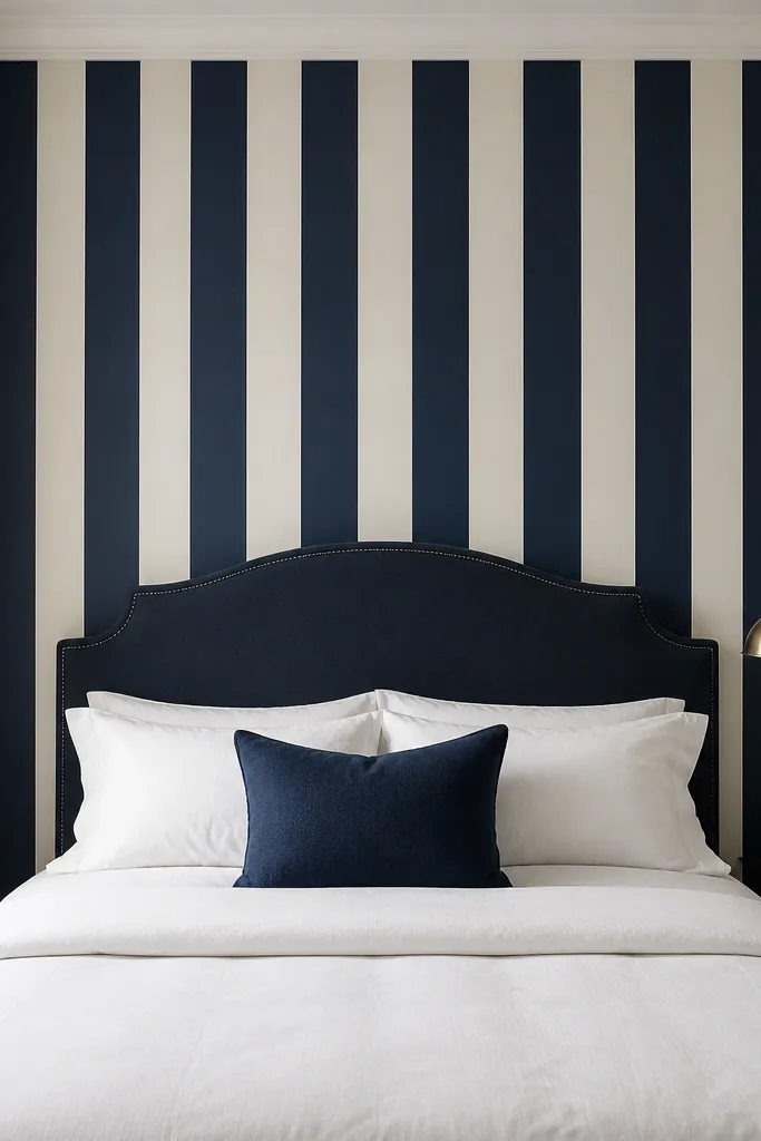 Navy and cream vertical striped wallpaper on the bed wall