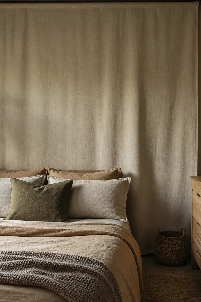 Large linen fabric panel mounted behind a bed with a simple frame