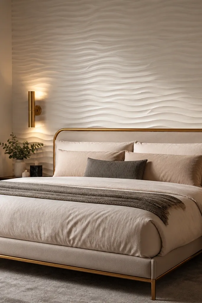 Smooth wave 3D plaster texture on the bed wall in warm white