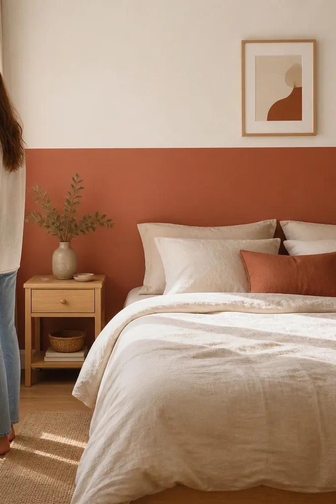 Two-tone wall behind a bed with a horizontal band in muted terracotta