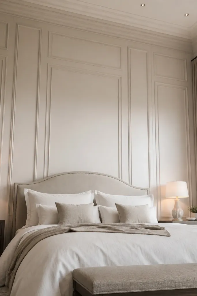 Warm white wall molding panels behind a bed with simple trim