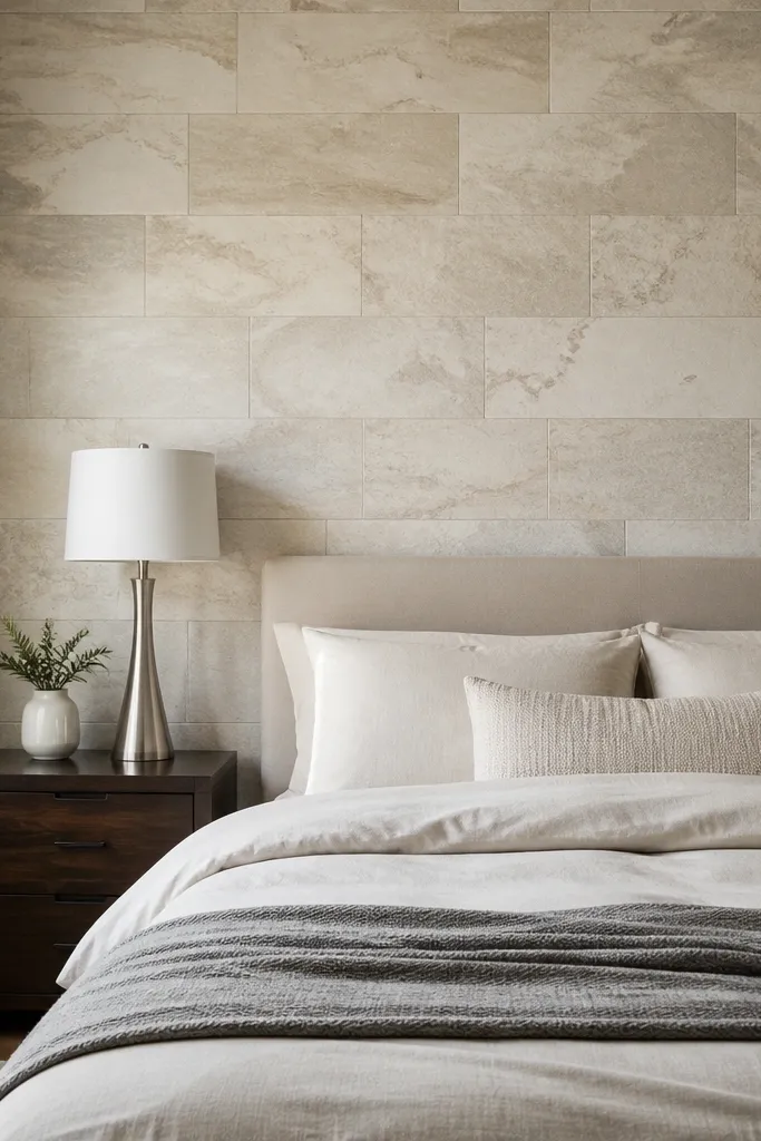 Limestone-look tile panel behind a bed in soft cream tones