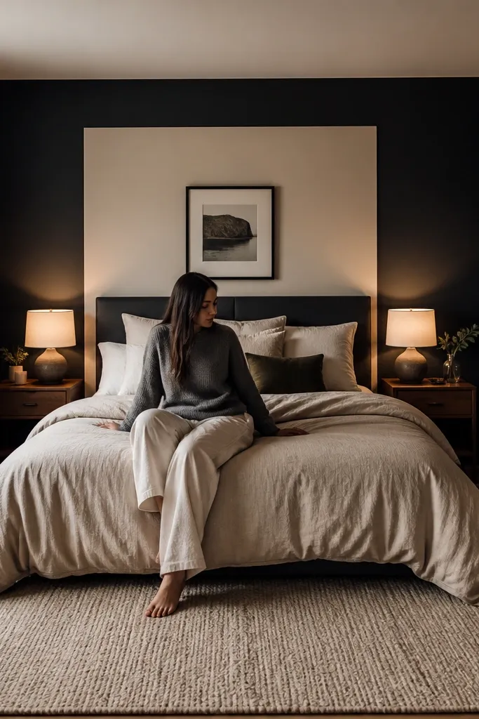 Deep charcoal accent wall with a lighter rectangle behind the bed area