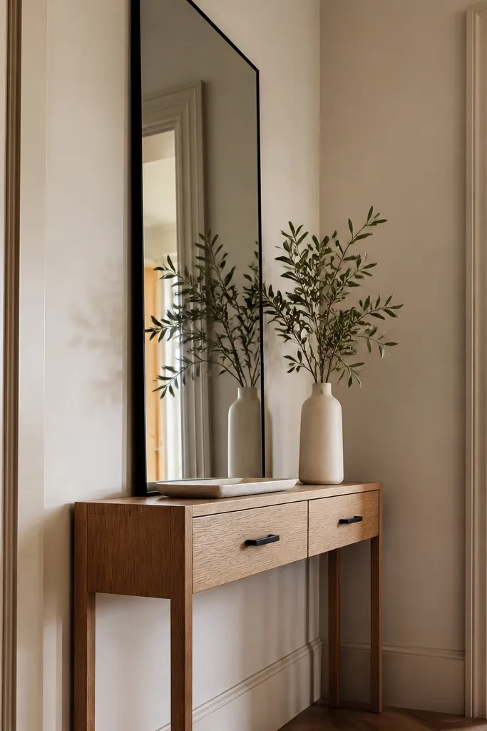 Narrow wood console under a tall arched mirror with matte black hooks