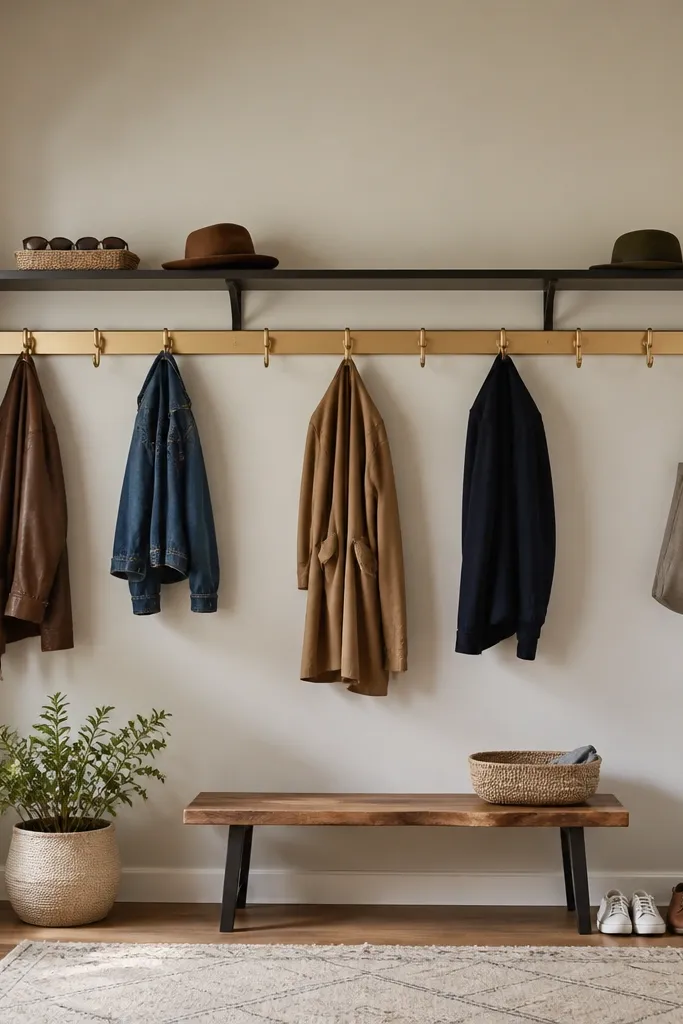 Long wall coat rail with hooks under a narrow floating shelf